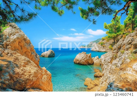 Nature enclosed rocky bay on sunny day with a view of sea surface turning, branches green cedars and bright blue cloudless sky. 123460741