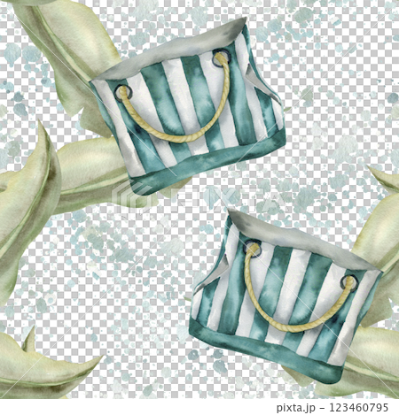 Summer tropical seamless pattern with watercolor women retro beach bag, palm leaves and blue splashes. Hand drawn summer seasonal background for fabric, textile design 123460795