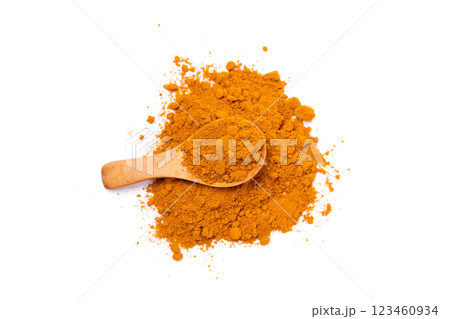 Dry Turmeric powder and turmeric root isolated on white background ,Top view Dry Turmeric powder and turmeric root isolated on white background ,Top view 123460934