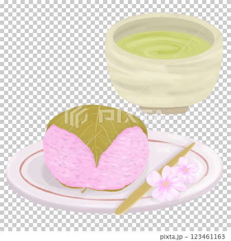 Matcha tea in a teacup and Kansai-style sakura mochi (Domyoji) on a plate, garnished with a cherry blossom and a sweet cutter (toothpick) Matcha tea in a teacup and Kansai-style sakura mochi (Domyoji) on a plate, garnished with a cherry blossom and a sweet cutter (toothpick) 123461163