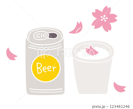 缶ビールと桜の花びらの浮かぶ紙コップ／お花見・宴会・春／手書きのベクターイラスト 123461246
