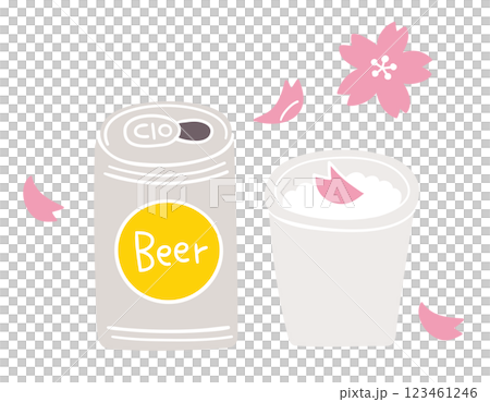 Canned beer and paper cup with floating cherry blossom petals / Cherry blossom viewing, party, spring / Hand-drawn vector illustration 123461246