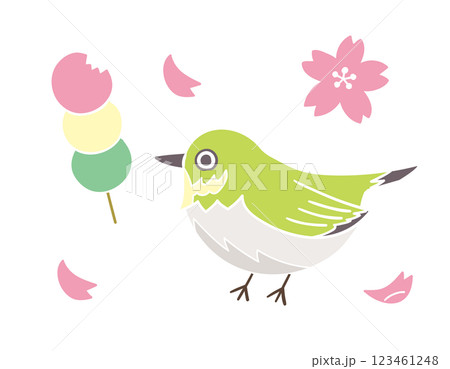 メジロと三色団子と桜の花びら／春の風物詩／手書きのベクターイラスト 123461248