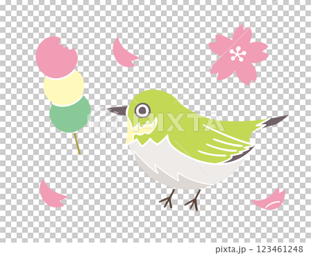 メジロと三色団子と桜の花びら／春の風物詩／手書きのベクターイラスト 123461248
