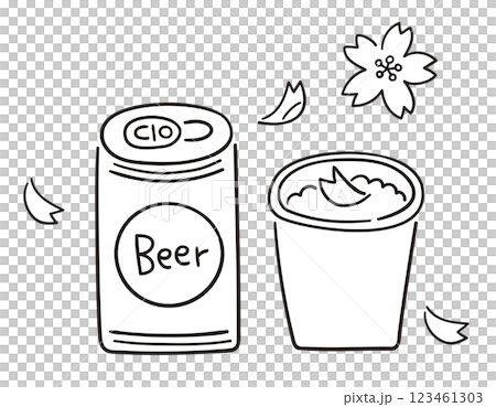 ビールの入った桜の花びらの浮かぶ紙コップ／お花見・宴会・春／手書きのベクター線画イラスト 123461303