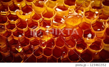 Beehive Honeycomb with Golden Amber Honey Drops, High-Resolution Macro Texture Featuring Symmetrical Hexagonal Patterns 123461352