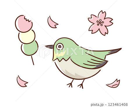 メジロと三色団子と桜の花びら/春の風物詩/手書きのベクター線画イラスト メジロと三色団子と桜の花びら/春の風物詩/手書きのベクター線画イラスト 123461408