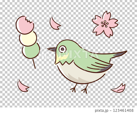 繡眼鳥、三色餃子和櫻花花瓣/春天的傳統/手繪向量線描插圖 123461408