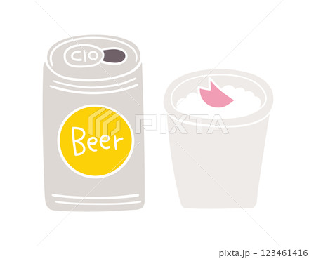 缶ビールと桜の花びらの浮かぶ紙コップ／お花見・宴会・春／手書きのベクターイラスト 123461416