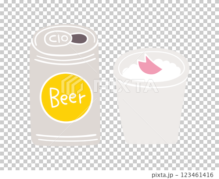 缶ビールと桜の花びらの浮かぶ紙コップ／お花見・宴会・春／手書きのベクターイラスト 123461416