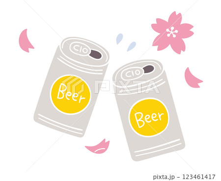 缶ビールで乾杯／桜・お花見・春の風物詩／手書きのベクターイラスト 123461417
