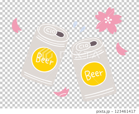 缶ビールで乾杯／桜・お花見・春の風物詩／手書きのベクターイラスト 123461417