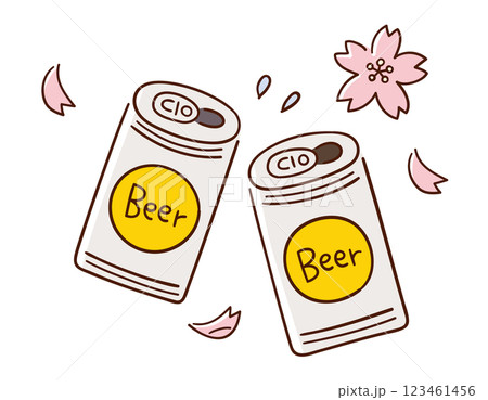 缶ビールで乾杯／桜・お花見・春の風物詩／手書きのベクター線画イラスト 123461456