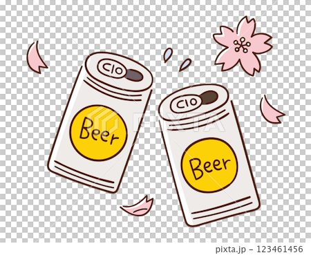 缶ビールで乾杯／桜・お花見・春の風物詩／手書きのベクター線画イラスト 123461456