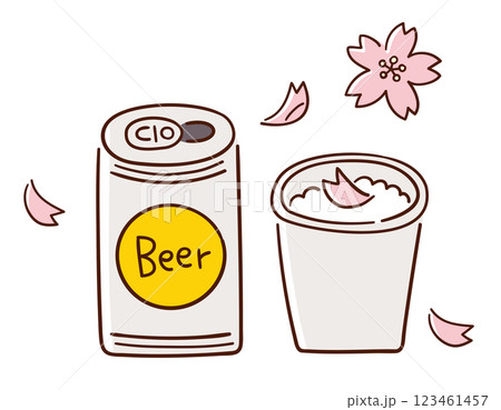 ビールの入った桜の花びらの浮かぶ紙コップ/お花見・宴会・春/手書きのベクター線画イラスト ビールの入った桜の花びらの浮かぶ紙コップ/お花見・宴会・春/手書きのベクター線画イラスト 123461457