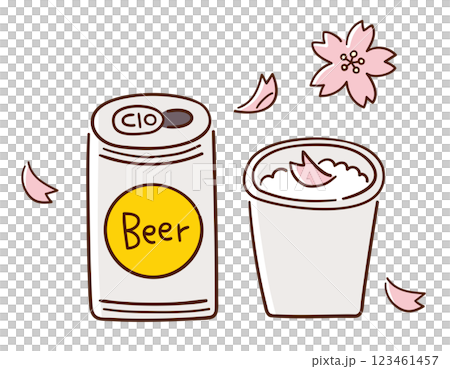 Paper cup of beer with floating cherry blossom petals / Cherry blossom viewing, banquet, spring / Hand-drawn vector line drawing illustration Paper cup of beer with floating cherry blossom petals / Cherry blossom viewing, banquet, spring / Hand-drawn vector line drawing illustration 123461457