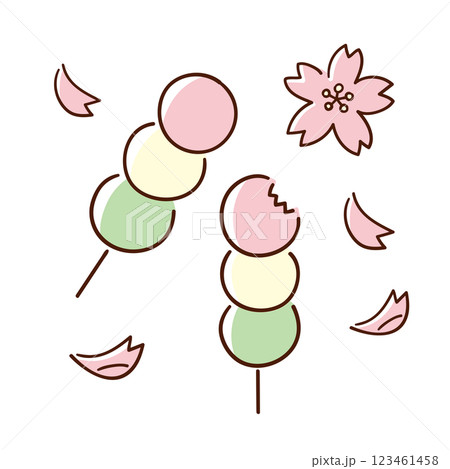 三色団子と桜の花びら／春の風物詩／手書きのベクター線画イラスト 123461458