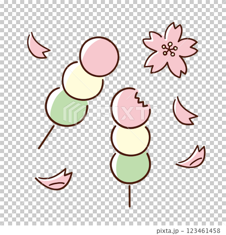 三色団子と桜の花びら／春の風物詩／手書きのベクター線画イラスト 123461458