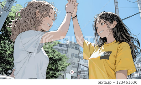 ハイタッチをしている仲の良い女友達たち