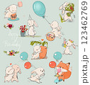 Cute Birthday cartoon hares set with elements 123462769