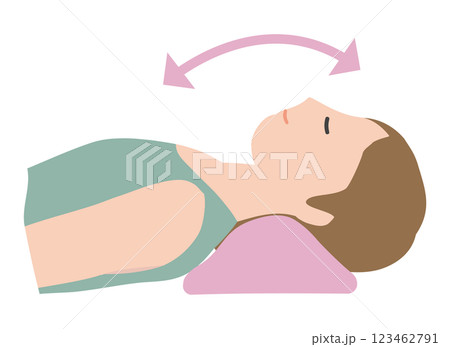 ストレッチ用の枕に横たわり、首を伸ばす女性のイラスト 123462791