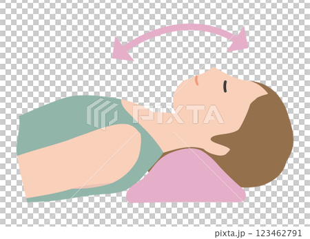 Illustration of a woman lying on a stretching pillow and stretching her neck 123462791