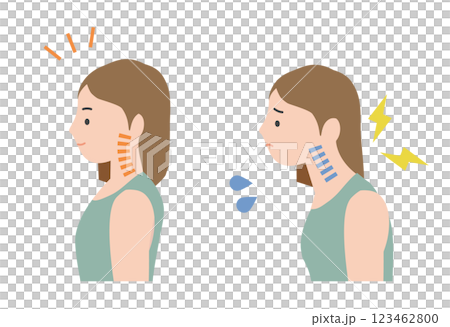 理想的な良い姿勢で健康な女性と、姿勢が悪くストレートネックやスマホ首で痛みを感じている女性 理想的な良い姿勢で健康な女性と、姿勢が悪くストレートネックやスマホ首で痛みを感じている女性 123462800