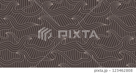 Hand drawn linear waves, ocean, sea, water seamless pattern. Dark abstract vector background for fabric, web. 123462808