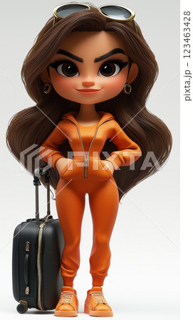 A stylish cartoon woman in an orange tracksuit ready for travel. 123463428
