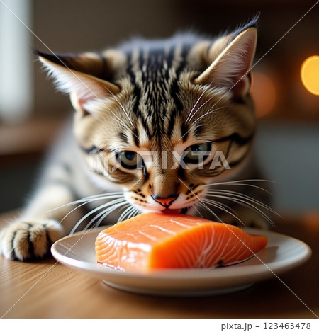サーモンに不満顔を出す仔猫 123463478