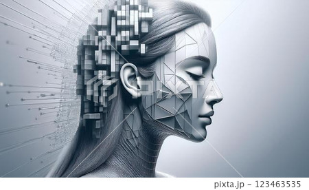 幾何学模様がテクスチャーとして埋め込まれた女性の横顔、AIと人の融合をイメージした3DCGイラスト 幾何学模様がテクスチャーとして埋め込まれた女性の横顔、AIと人の融合をイメージした3DCGイラスト 123463535