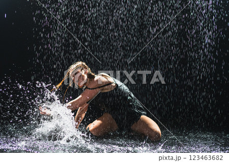 Contemporary woman dancer posing in rain water on black background. Female artist performer dancing with expression. Modern ballerina dancing in darkness. Passion dance in dark. Flexibility balance Contemporary woman dancer posing in rain water on black background. Female artist performer dancing with expression. Modern ballerina dancing in darkness. Passion dance in dark. Flexibility balance 123463682