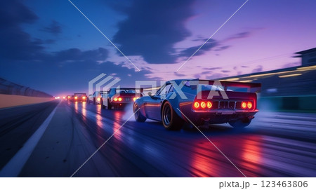 夕暮れ時のレース場で、複数のスポーツカーの疾走 123463806
