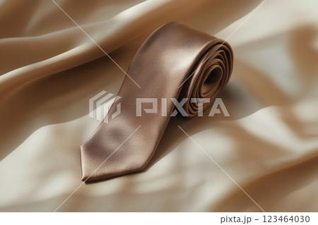 Elegant Rolled Brown Tie on Luxurious Satin Fabric Background 123464030