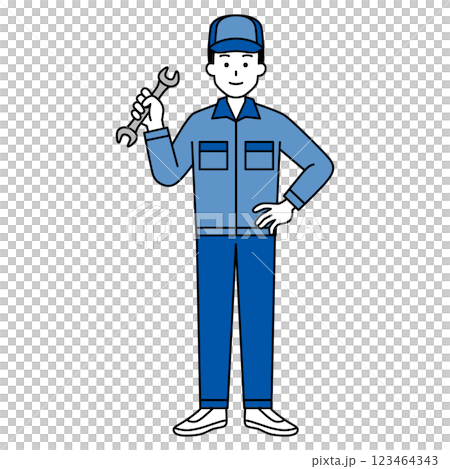 A man in overalls holding a wrench (full body) 123464343