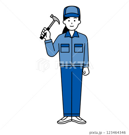 ハンマーを持つつなぎ作業服の女性(全身) ハンマーを持つつなぎ作業服の女性(全身) 123464346