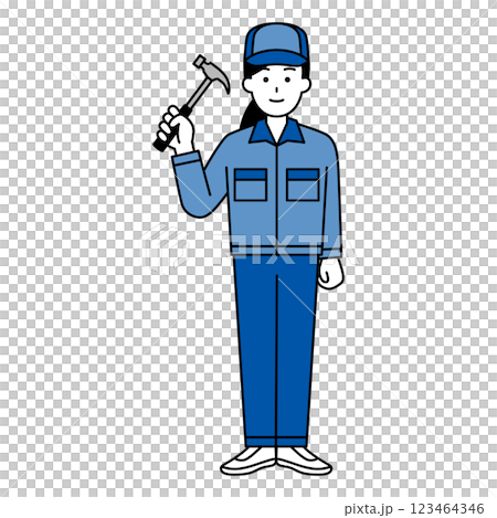 ハンマーを持つつなぎ作業服の女性(全身) ハンマーを持つつなぎ作業服の女性(全身) 123464346