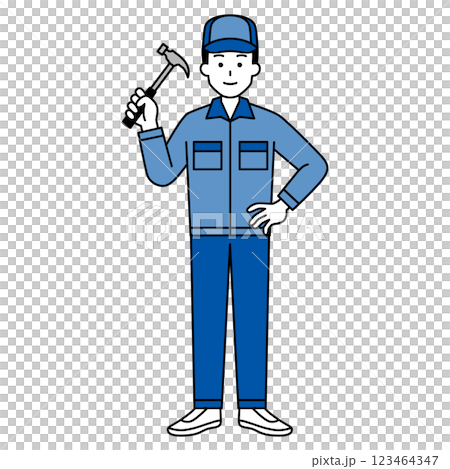 ハンマーを持つつなぎ作業服の男性(全身) ハンマーを持つつなぎ作業服の男性(全身) 123464347