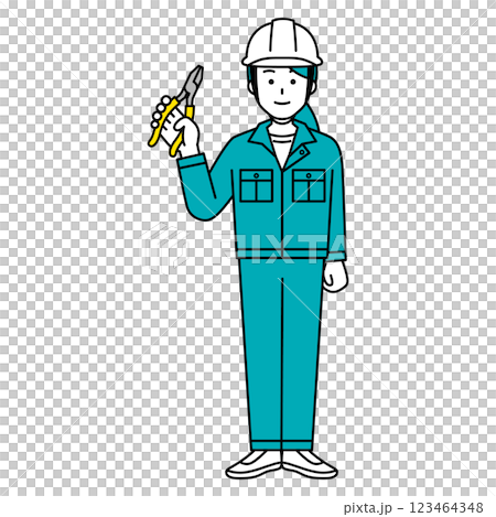 Female worker holding pliers (full body) 123464348