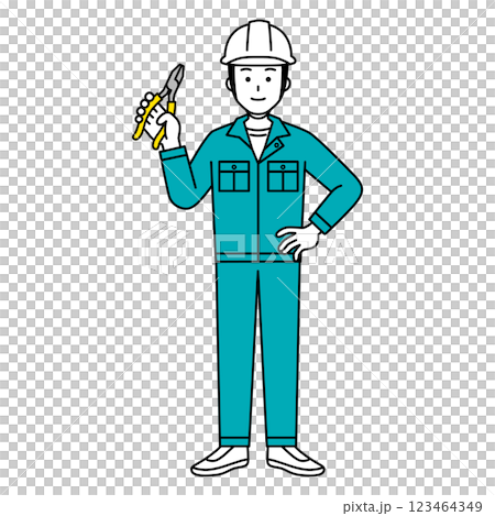 ペンチを持つ作業員の男性(全身) ペンチを持つ作業員の男性(全身) 123464349