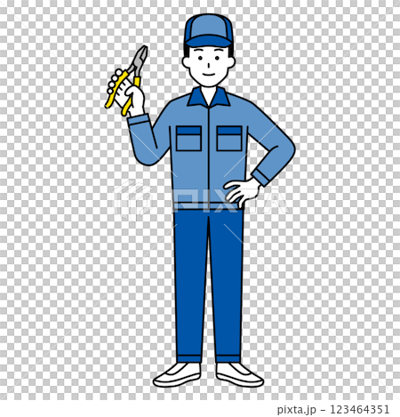 A man in overalls holding pliers (full body) 123464351