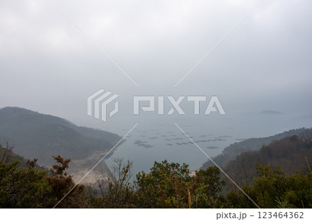 日本の岡山県瀬戸内市の迫門の曙の霧に包まれた美しい海 123464362