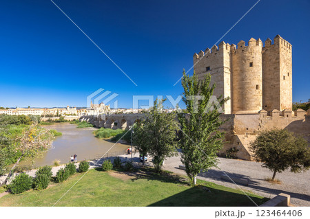 The Calahorra Tower on a one side of the Roman Bridge in Cordoba town in Spain. Ancient stone bridge and tower overlooking a calm river. Historic architecture under a clear blue sky. 123464406