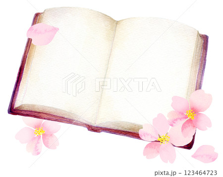 水彩イラスト 本と桜の花 水彩イラスト 本と桜の花 123464723