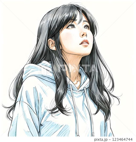 空を見上げる女性（パーカー） 123464744