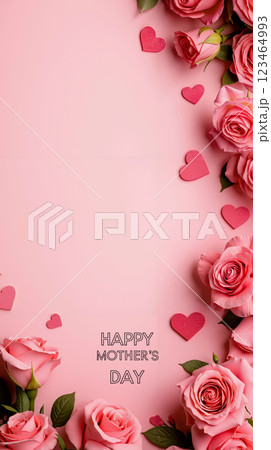 A pink background with pink roses and hearts 123464993