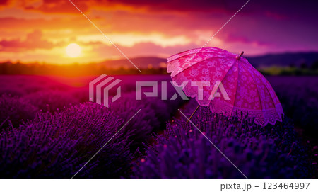 A pink umbrella sitting in the middle of a lavender field at sunset 123464997