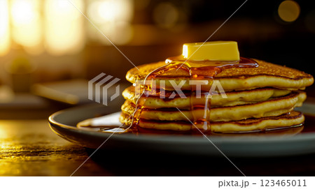 A stack of pancakes with butter and syrup on a plate 123465011
