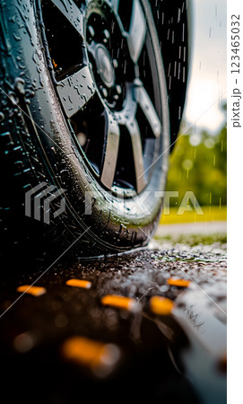 A close up of a car tire on a wet road 123465032