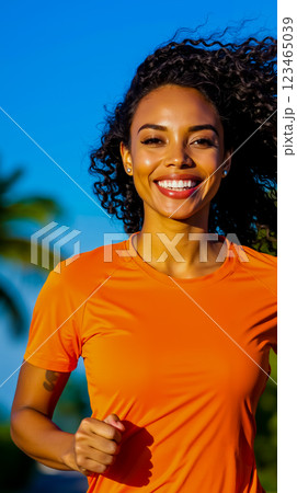 A woman in an orange shirt smiles at the camera 123465039